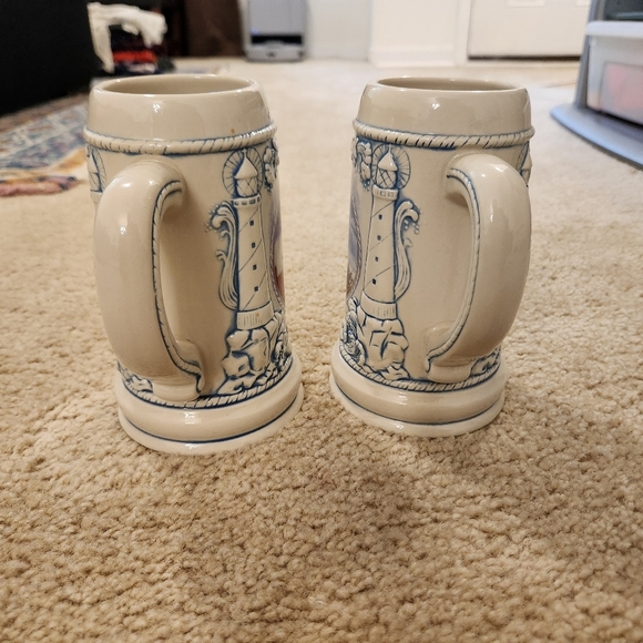 Set Of 2 Lighthouse Beer Steins Ceramic Maine Ohio Michigan No Lids - Picture 4 of 6